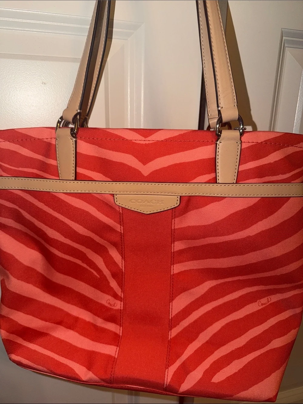 COACH Orange Red Zebra-Print Tote Bag with Tan Straps